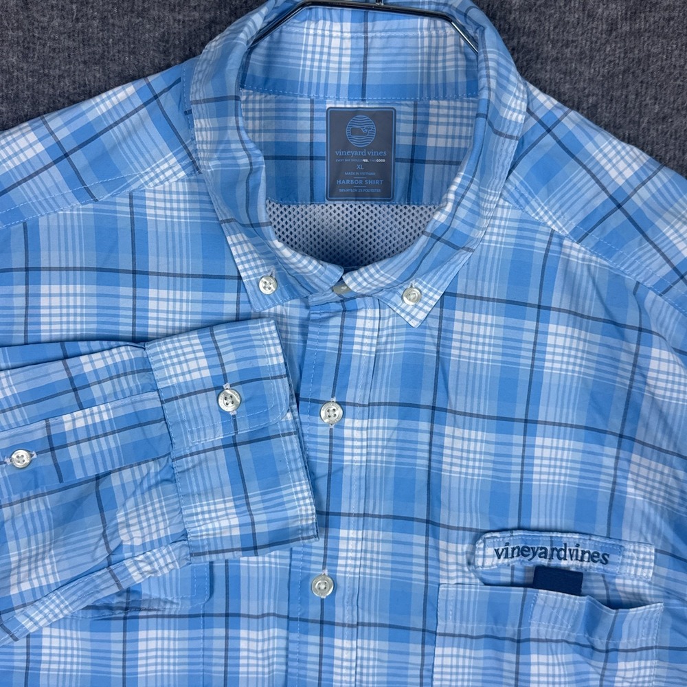 Vineyard Vines Harbor Shirt Men XL Jake Blue Plaid Fishing Outdoor Vented Pocket